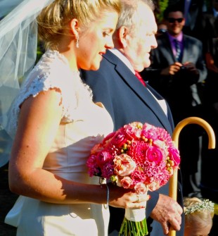 Pink and coral dahlias wedding bouquet