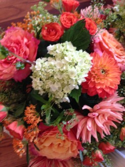 Popping with coral dahlias and Freespirit roses